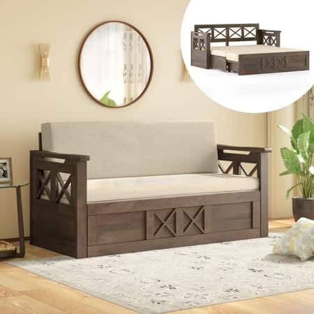 Bram 3 Seater Pull Out Sofa Cum Bed in Danish Walnut Finish with Macadamia Brown Colour