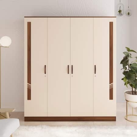 BLUEWUD Andrie Engineered Wood 4 Door Wardrobe/Clothes Storage Rack Organizer Almirah Cupboard with Hanger Rod Drawers and Shelves for Bedroom Home Furniture (Brown Maple & Beige)