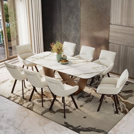 Paloma 8 Seater Pluto Spanish Ceramic Dining Table With 4 Bren Dining Chairs (Finish : Pluto Spanish Ceramic, Chair Colour : Ivory)