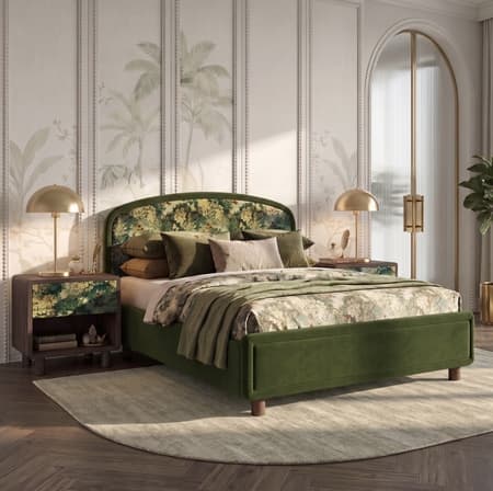 Eden Upholstered King Size Non-Storage Bed In Berry Orchid Colour with Danish Walnut Finish