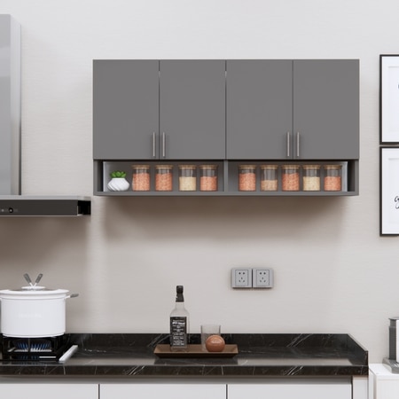 4 Doors Modular Wall Mounted Kitchen Cabinet With Organizer Shelf In Slate Grey Finish