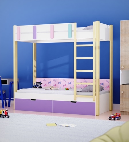 Pine Tree Single Size Bunk Bed In White & Pink Colour