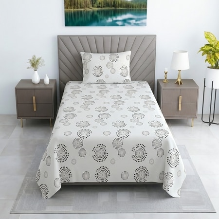 Black And White Geometric 330 Tc Cotton Flat Single Bed Size Bedsheet With 1 Pillow Cover
