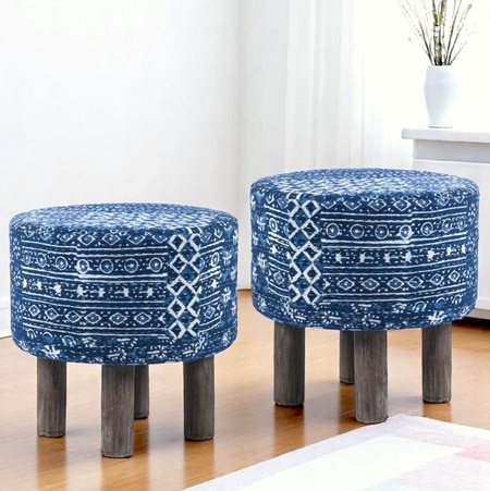 Morgan Acacia Wood Set of 2 Ottoman Pouffees in Indigo Patchwork Kantha, Antique Grey Finish