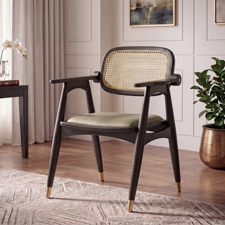 Aubrey Solid Wood Armchair In American Walnut Finish with Taupe Leatherette Colour