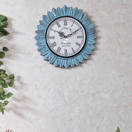 Fonteyn Teal Colour Engineered Wood Distress Finish Sun Flower wall Clock by Disoo Fashions