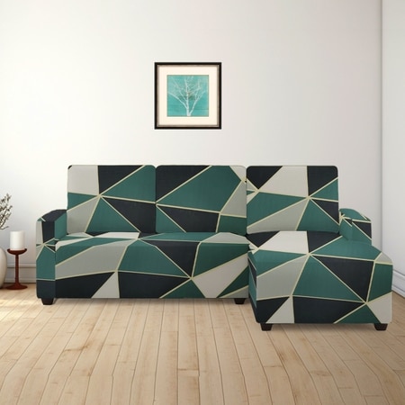 Right Aligned 2 Seater Right Aligned Chaise Green Triangles Sofa Cover
