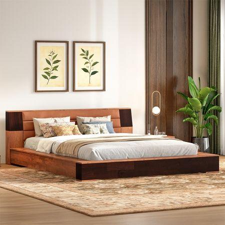 Mahe Solid Wood Queen Size Bed In Dual Tone With Tan Leatherette
