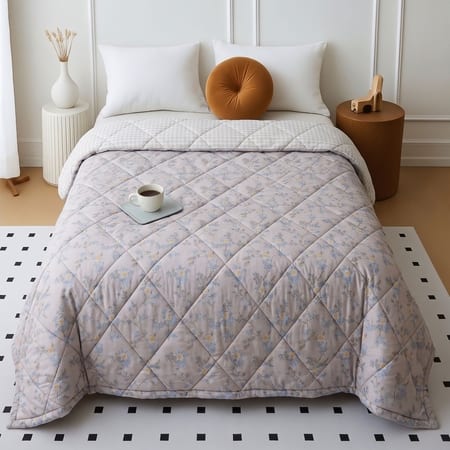 Beige Floral Comforter Quilted Reversible Cotton 350 Gsm Double Bed 240 X 220 Cms