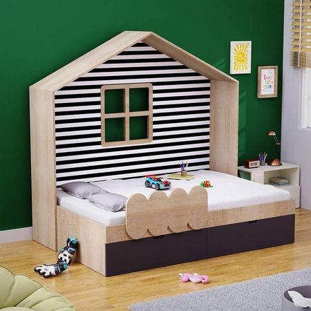 Little Hut Engineered Wood Drawer Storage Bed in Brown Colour