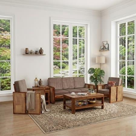 Ritik Solid Wood 5 Seater Rattan Designed Sofa Set In Natural Teak Finish