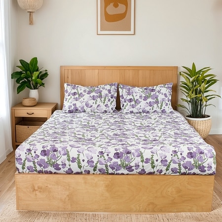 Himalayan Poppies 1 King Bedsheet & 2 Pillow Covers with Purple colour