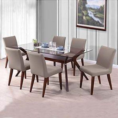 Wesley- Persica Leatherette 6 Seater Glass Top Dining Table Set (Colour- Beige, Finish- Dark Walnut)