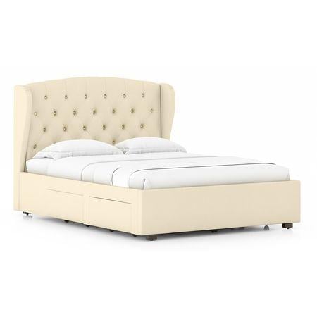 Holmebrook Engineered Wood Queen Size Drawer Storage Upholstered Bed Ivory White