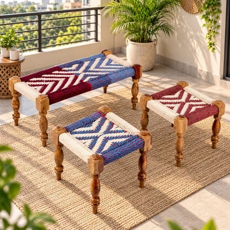 Oakville Sheesham Wood Vintage 3 Seater Maachi Balcony Bench with 2 Stools in Multi Colour