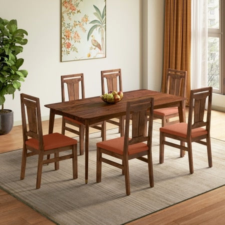 Saar Teak Wood Dining Table 6 Seater with 6 Tessa Dining Chairs (Finish: Espresso Teak, Colour: Burnt Orange)