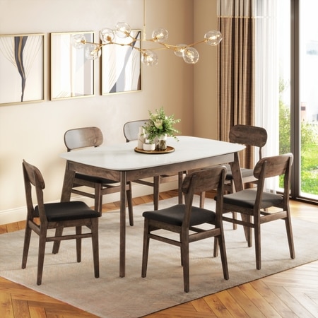 Lunar Solid Wood and Carrara White 6 Seater with 6 Lunar Dining Chair (Finish: Danish Walnut, Colour: Urban Grey Premium Chenille)