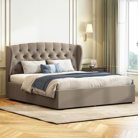 Holmebrook Engineered Wood Queen Size Bed With Hydraulic Storage (Shitake Beige Colour)