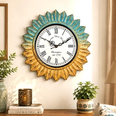 Blue Green Gold Solid Wood Surya Wall Clock By DisooFashions