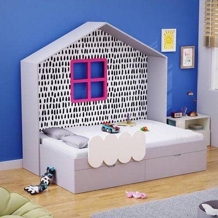 Little Hut Engineered Wood Drawer Storage Bed in Grey Colour