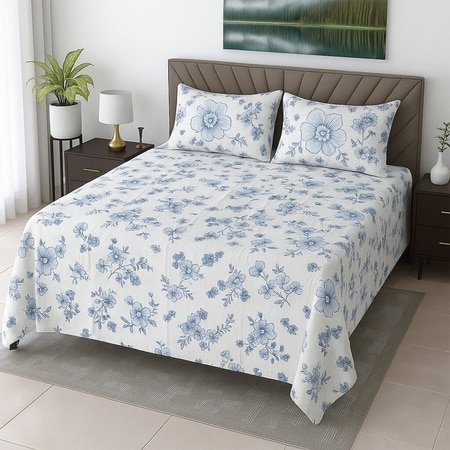 White Floral 400 TC Cotton Flat Queen Size Bedsheet With 2 Pillow Covers  Threads