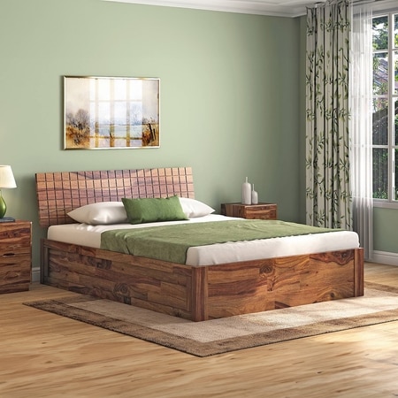Valencia Solid Wood Queen Size Box Storage Bed In Teak Finish