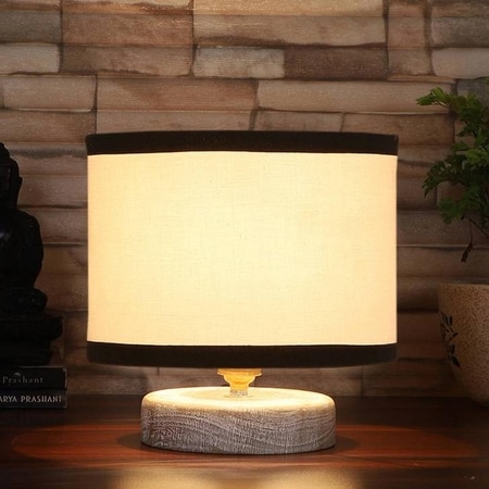 Avery white & black cotton table lamp with White Brushed wood base