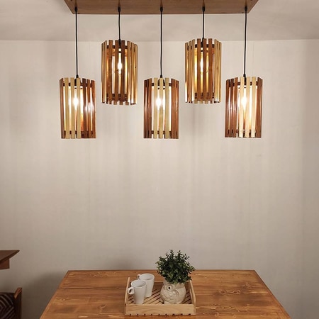 Hexa 5 Series Brown Solid Wood Cluster Hanging Light