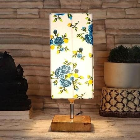 Flavius Multicolor cotton table lamp with Square Natural Wood Base