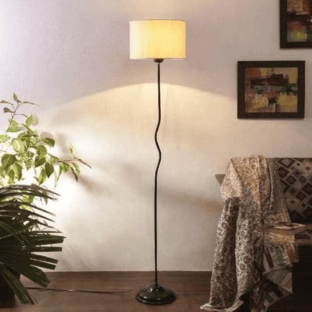 Rowan Off White Fabric Floor Lamp with Black Iron Base