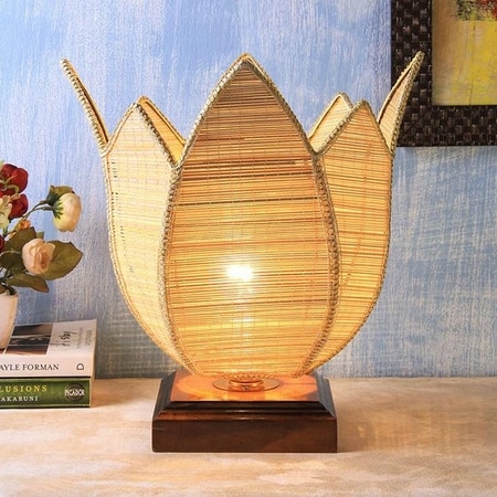 Erwin Beige Bamboo Shade Table Lamp with Brown Wooden Base