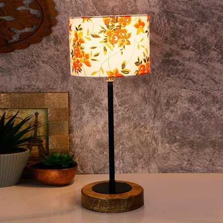 Reginald Multicolour Fabric Shade Table Lamp with Natural Wood & Iron Base