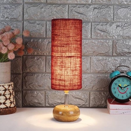 Norah Maroon Natural Fiber Shade Table Lamp with Natural Wooden Base