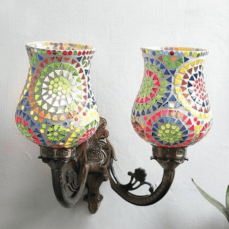 Inis Antique Metal Double Wall Mounted Lamp with Multicolor Mosaic Glass