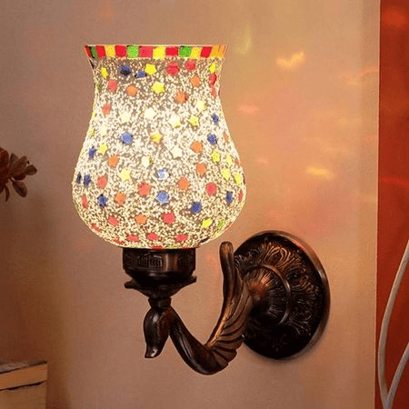 Barley Antique Metal Peacock Wall Lamp with Multicolor Mosaic Glass