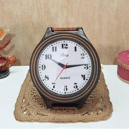 Brown Color Wooden Wall Clock with watch style design Wall hanging and Table Top options