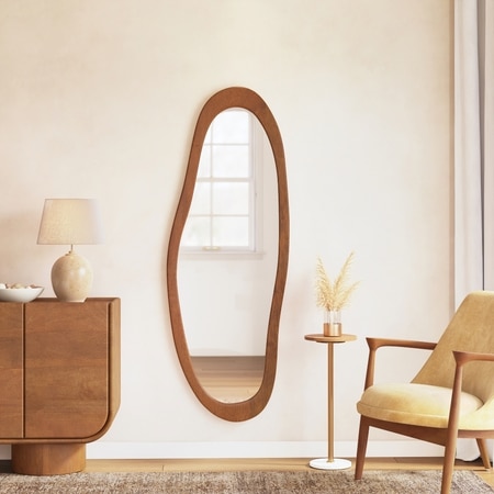 Sabi Solid Wood Assymentric Wall Mirror In Amber Walnut Finish