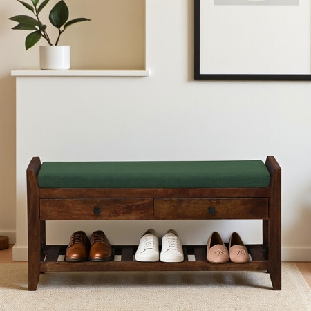 Eidsvoll Solid Wood Shoe Rack with Seating in Walnut Brown finish