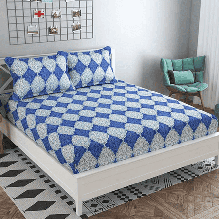 Sofia Blue Abstract 160 TC Cotton Double Size Bedsheet with 2 Pillow Covers