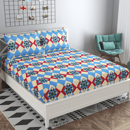 Laura Blue Abstract 160 TC Cotton Double Size Bedsheet with 2 Pillow Covers