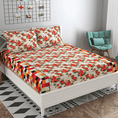 Carla Orange Floral 160 TC Cotton Double Size Bedsheet with 2 Pillow Covers