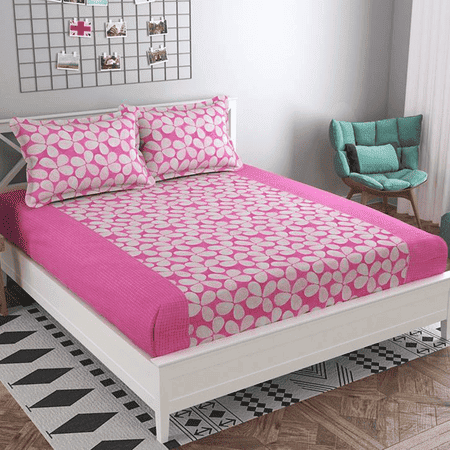 Lola Pink Floral 160 TC Cotton Double Size Bedsheet with 2 Pillow Covers