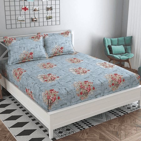 Valeria Silver Floral 160 TC Cotton Double Size Bedsheet with 2 Pillow Covers