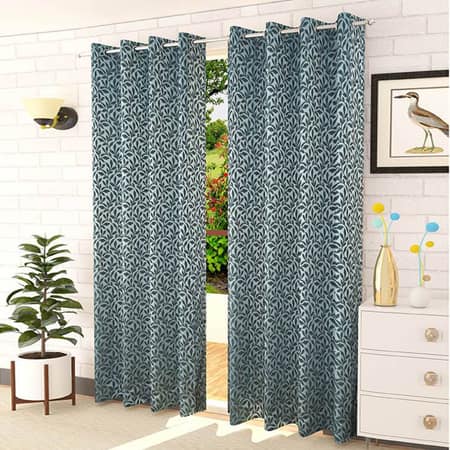 Lamina Blue Color Floral Long Door Curtain - Set of 2