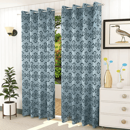 Gann Blue Color Geometric Long Door Curtain - Set of 2