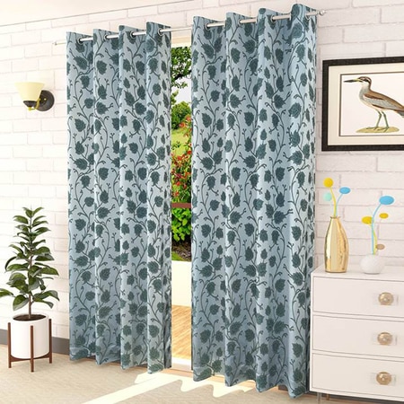 Luna Blue Color Floral Long Door Curtain - Set of 2