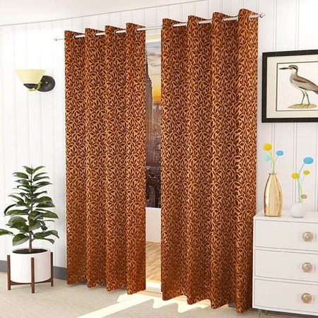 Irevene Brown Color Floral Long Door Curtain - Set of 2