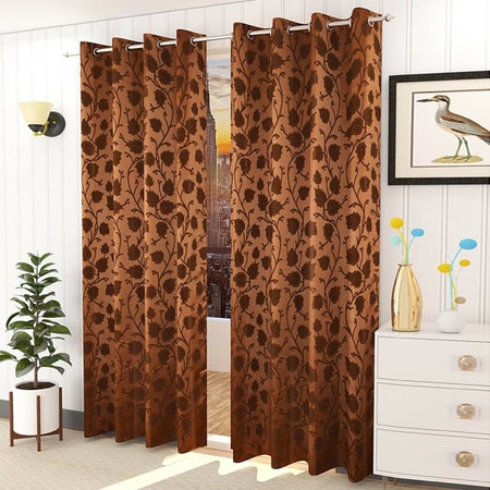 Charlotte Brown Color Floral Window Curtain   Set of 2
