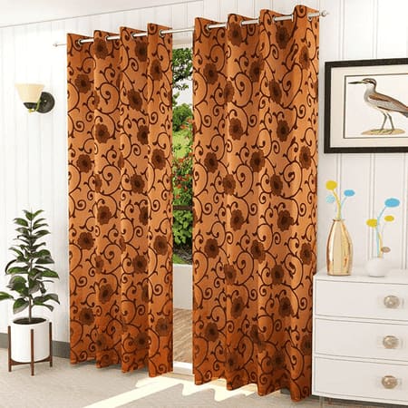 Aria Brown Color Floral Door Curtain - Set of 2