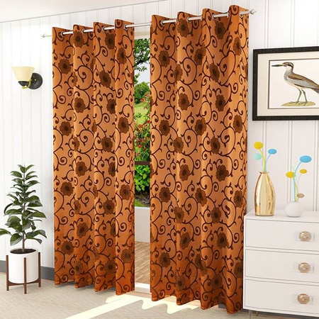 Aria Brown Color Floral Long Door Curtain - Set of 2